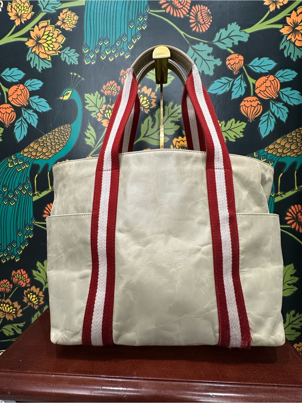 Bally Terrabella Trainspotting Leather Tote Pearl Ivory Red Stripe Made in Italy - Picture 2 of 13